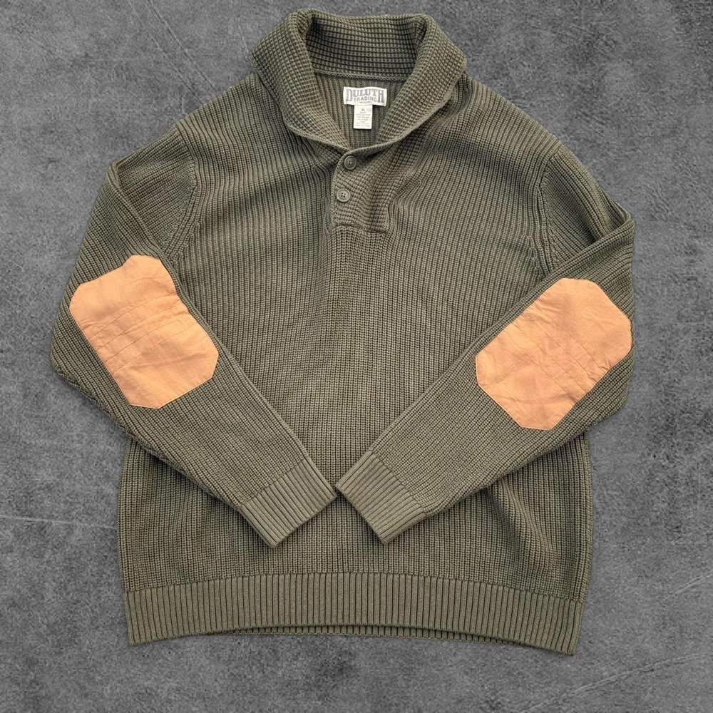 Duluth Trading Co. Green Cotton & Wool Sweater with Tan Leather Elbow Patch XL